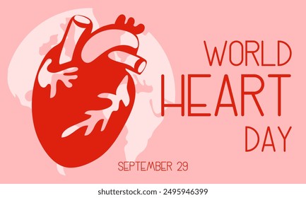Ilustración vectorial sobre el tema del Día Mundial del Corazón, que se celebra cada año el 29 de septiembre en todo el mundo. ilustración plana como un Anuncio con texto. Horizontal. Rosa y tonos. Contraste