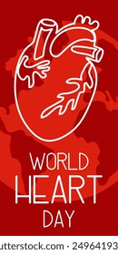 Vektorgrafik zum Thema des Weltherztages, der jedes Jahr am 29. September auf der ganzen Welt gefeiert wird. Eine flache Illustration wie ein Banner mit Text. Vertikal. Rot und Schattierungen. Kontur