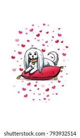Vector illustration on the theme Year of the Dog 2018 and Valentines day. Picture of a funny white fluffy dog with on colors hearts background. For printing greeting cards, posters, invitations.