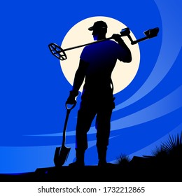 Vector illustration on the themes: metal detectors, hobby, treasure hunt, survival, camping, adventure, archaeology. Digger.