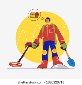 Vector illustration on the themes: metal detectors, hobby, treasure hunt, survival, camping, adventure, archaeology. The Digger.
