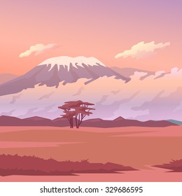 Vector illustration on themes: nature of Africa, safari, morning in Savannah, hunting, camping, trip. African landscape. Modern flat design.