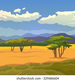 Vector illustration on themes: nature of Africa, safari, noon in Savannah, hunting, camping, trip. African landscape. Modern flat design.