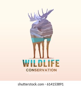 Vector illustration on the themes of wild animals of America, survival in the wild, hunting, camping, trip. Mountain landscape. Moose.