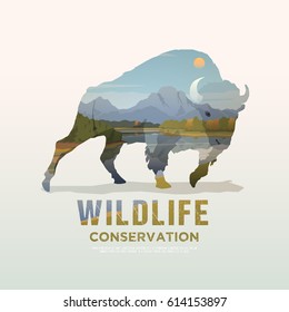 Vector illustration on the themes of wild animals of America, survival in the wild, hunting, camping, trip. Mountain landscape. Buffalo.