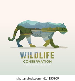 Vector illustration on the themes of wild animals of America, survival in the wild, hunting, camping, trip. Mountain landscape. Puma.