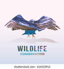 Vector illustration on the themes of wild animals of America, survival in the wild, hunting, camping, trip. Mountain landscape. Eagle.