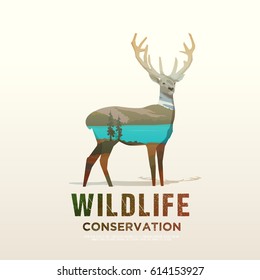 Vector illustration on the themes of wild animals of America, survival in the wild, hunting, camping, trip. Mountain landscape. Deer.