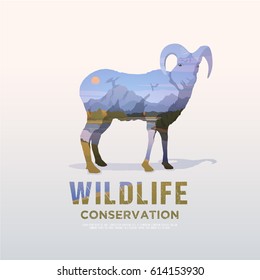 Vector illustration on the themes of wild animals of America, survival in the wild, hunting, camping, trip. Mountain landscape. Sheep.