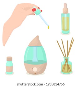 vector illustration on the topic of aroma oils and aromatherapy. Set isolated on a white background