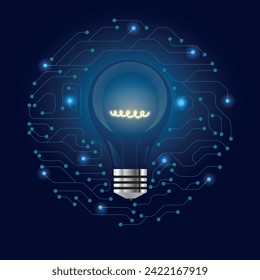 vector illustration on the topic of artificial intelligence. an image of a glowing light bulb and diagrams on a dark blue background