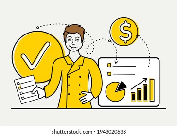 Ilustración vectorial sobre el tema del marketing empresarial. Una escena con un hombre en el trabajo.
