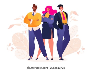 Ilustración vectorial sobre el tema de los negocios, el trabajo en equipo, la contratación. Jóvenes sonrientes vestidos de traje juntos. Ilustración de dibujos animados planos exitosa