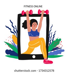 Vector illustration on the topic of fitness online. The girl is engaged in fitness. Fitness marathon online.