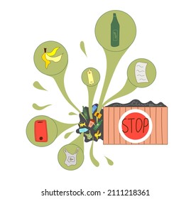 Vector illustration on the topic of garbage sorting. Recycling of different materials to glass, organic, paper, batteries, electronic devices, plastic. Protecting the environment from pollution. 