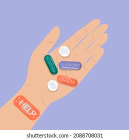 vector illustration on the topic of help with mental disorders. on the palm of  hand various pills with inscriptions - support, accepting, safety, safe space. trend illustration in flat style