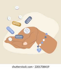 Vector Illustration On The Topic Of Help With Mental Disorders. On The Palm Of Hand Various Pills With Inscriptions - Support, Accepting, Safety, Safe Space. Trend Illustration In Flat Style