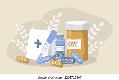Vector Illustration On The Topic Of Help With Mental Disorders.  Various Pills, Medicine With Inscriptions - Support, Accepting, Safety, Safe Space. Trend Illustration In Flat Style