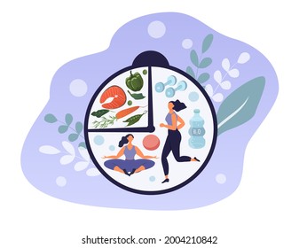 Vector Illustration On The Topic Of Intermittent Fasting, Weight Loss, Proper Nutrition. Watch Face With Products And Activities For The Sport. Trend Illustration In Flat Style