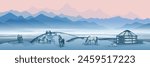Vector illustration on the topic of life in Central Asia, nomads life, yurt in the mountains, horses grazing