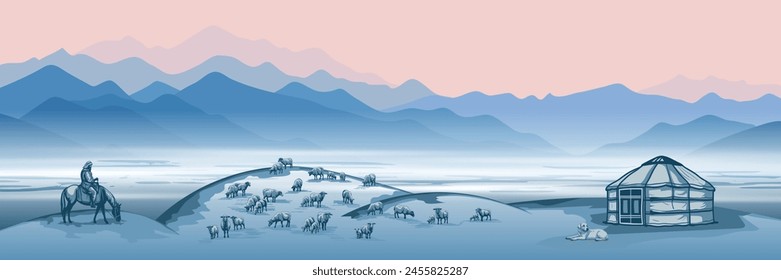 Vector illustration on the topic of life in Central Asia, nomads life, yurt in the mountains, a shepherd herding a flock of sheep