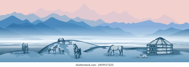 Vector illustration on the topic of life in Central Asia, nomads life, yurt in the mountains, horses grazing