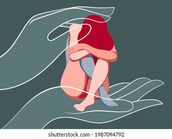 Vector Illustration On The Topic Of Mental Health. Very Sad Girl Needs Psychological Support. Maybe She's A Victim Of Domestic Violence Or Abuse, Physical Harassment. Helping Hands Reached Out To Her