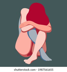 vector illustration on the topic of mental health. a crying girl needs psychological support. perhaps she is a victim of domestic violence or abuse, physical harassment, depression, mental disorders.