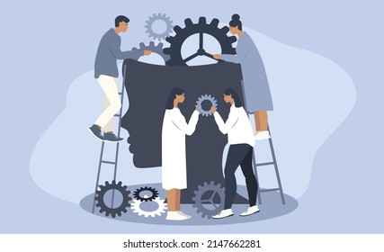 vector illustration on the topic of mental health, psychotherapy, mental help. head of a man with gears, people help to change gears. flat trending illustration for websites, magazines, applications