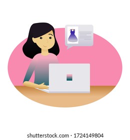 Vector illustration on the topic of online shopping. On the image the girl behind the laptop chooses a dress