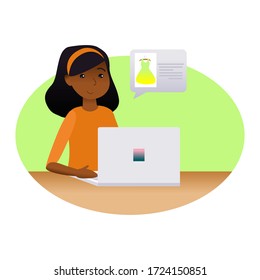 Vector illustration on the topic of online shopping. On the image the girl behind the laptop chooses a dress