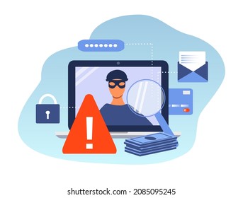 vector illustration on the topic of online fraud, cyber security. laptop with fraudster image, warning sign, money, bank card, passwords. trend illustration in flat style