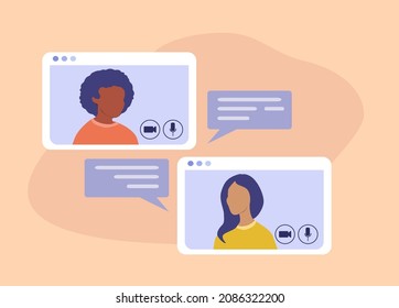vector illustration on the topic of online communication, webinars, conferences. two girls on screens communicate with each other. trend illustration in flat style