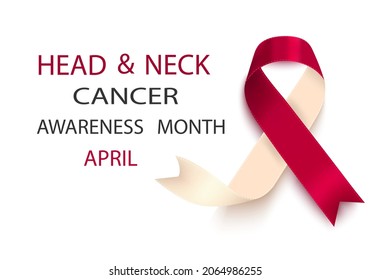 Vector illustration on the topic of Oral, Head and Neck Cancer Awareness Week, which is held every year in April.A ribbon in the shape of a loop of burgundy color with a touch of ivory.Poster design.