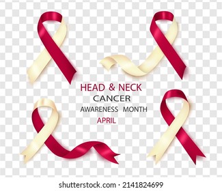 Vector illustration on the topic of Oral, Head and Neck Cancer Awareness Week, which is held every year in April.A set of ribbons in the shape of a loop of burgundy color with a touch of ivory.