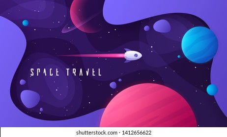 Vector illustration on the topic of outer space, interstellar travels, universe and distant galaxies.