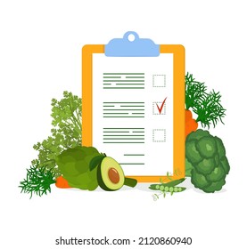 vector illustration on the topic of procurement and healthy nutrition. A reminder sheet with vegetables lying next to it