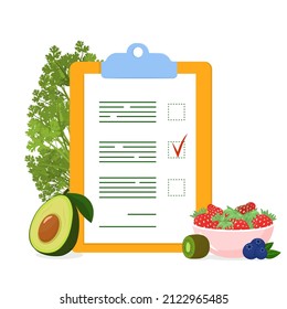 vector illustration on the topic of procurement and healthy nutrition. A reminder sheet with vegetables, fruits and berries lying next to it