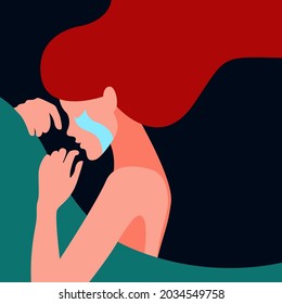 vector illustration on the topic of psychological health. the girl lies in bed and cries into the pillow. tears on the face. fighting depression, loneliness, loss, despair, problems.