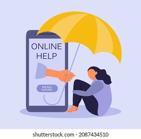 vector illustration on the topic of psychological help online. safe space. girl sitting hugging her knees. a hand from a smartphone holds out an umbrella to her. trend illustration in flat style