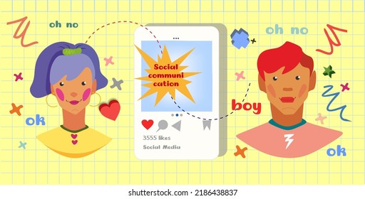 Vector illustration on the topic of social communication on the Internet. A boy and a girl and between them a smartphone with a popular social network. The background is a yellow notebook cell.