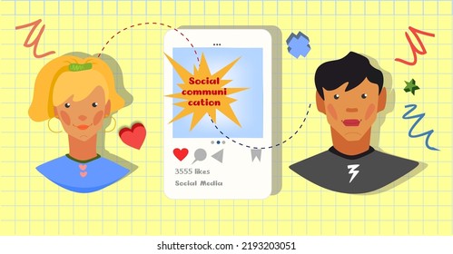 Vector illustration on the topic of social communication on the Internet. A boy and a girl and between them a smartphone with a popular social network. The background is a yellow notebook cell.