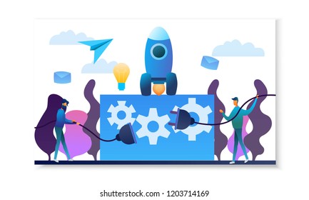 
Vector illustration on the topic of a startup for web design. Rocket grows to heights. People join forces, modern gradient flat. Abstract poster, banner, card
