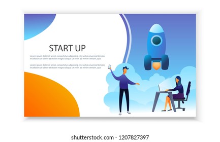 Vector illustration on the topic of a startup for web design. Rocket grows to heights. People join forces, modern gradient flat. Abstract poster, banner, card
