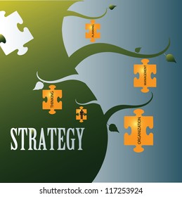 Vector illustration on the topic of strategy with related words in jigsaw puzzles.