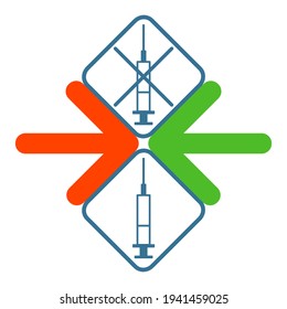 Vector illustration on the topic of vaccination.Decisions,opinions about vaccination and vaccines. Two syringes with stylized red and green direction arrows. Prevention, immunization.