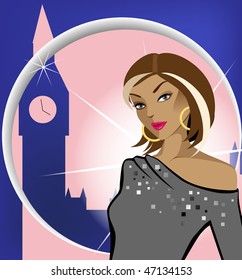 Vector illustration on a tourism theme. The young girl against London Tower