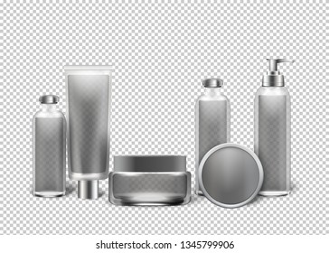 Vector Illustration on Transparent Background. Gray Tubes are Isolated  Transparent Background. Womans Cosmetic Set. We are Mock Up Bottles. Exhibition Cosmetology in Medicine and Everyday Needs.