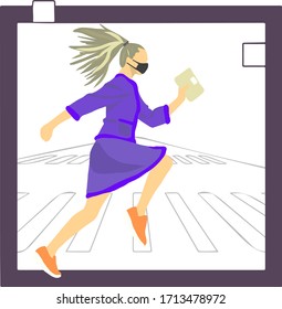 Vector illustration on a transparent background of a running woman in a medical mask.