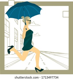 Vector illustration on a transparent background of a running woman in a medical mask with an umbrella. Universal concept.
